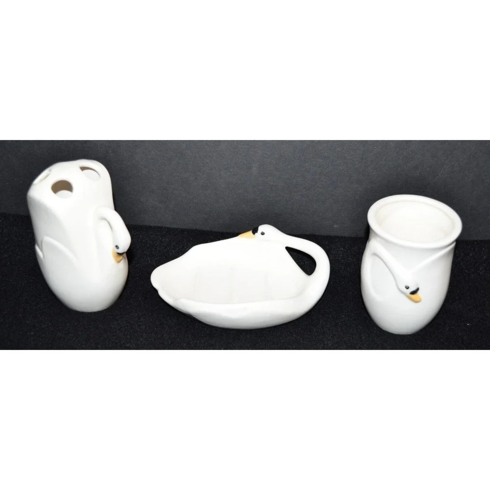 Vtg MCM Art Nouveau White Porcelain Swan Vanity Set Soap Dish Toothbrush Cup